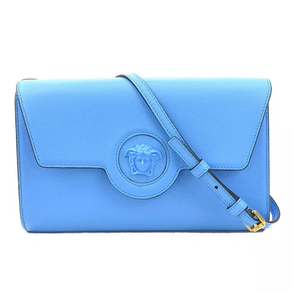 Auth VERSACE Medusa Shoulder Bag Blue Leather -